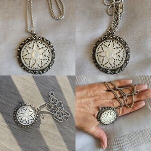 Mother of Pearl Vintage Medallion Pendant and  Sterling Silver Chain